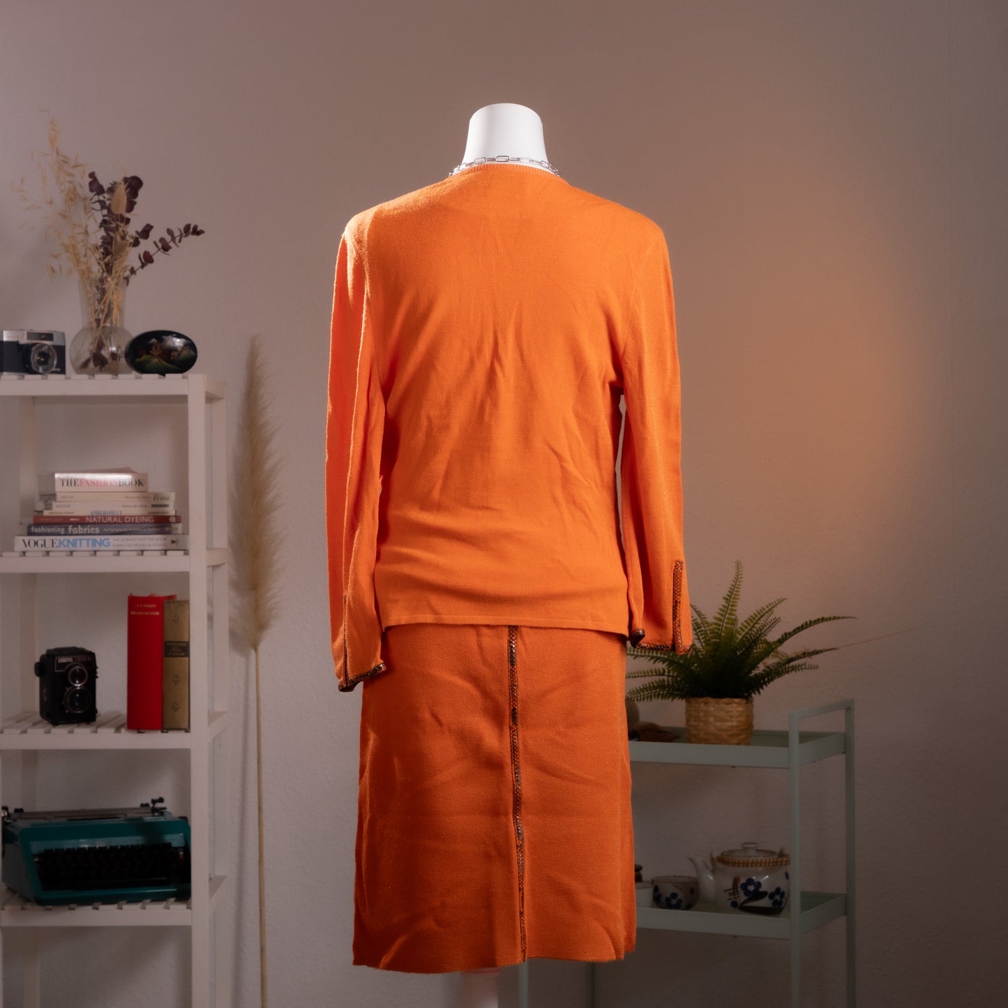 Archival Gianni Versace 3-Piece Knit Set 1990s Cyber Metallic Neon Orange Snake Embossed Leather Trim Futuristic Skirt Suit Gilmar BVM S