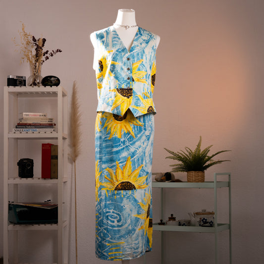Archival Iceberg SS 1994 Runway Linen Set Vest Wrap Skirt Sunflower Weather Chart Pop Art Gilmar Vintage Grails Museum Piece 90s Couture