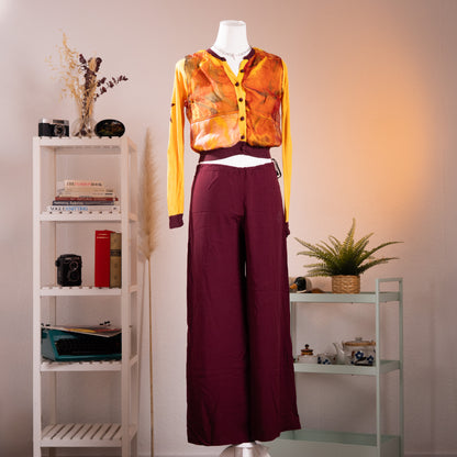 Archival Jean Paul Gaultier SS 2002 Set Maille Femme Top Soleil Trousers Watercolor Print Burgundy Pants Grails Gaultier Mesh Era XS S