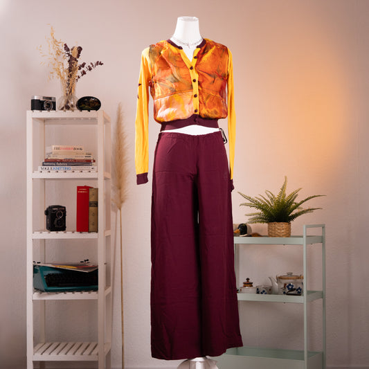 Archival Jean Paul Gaultier SS 2002 Set Maille Femme Top Soleil Trousers Watercolor Print Burgundy Pants Grails Gaultier Mesh Era XS S