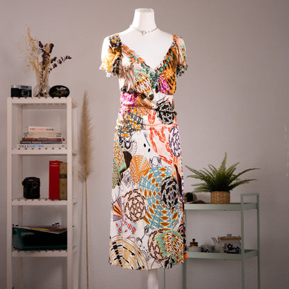 Archival Blumarine SS 2004 Jeweled Print Dress Anna Molinari Turquoise Crystal Cabochon 100% Rayon Jersey Trompe l’Oeil Boho Midi Grails S-L