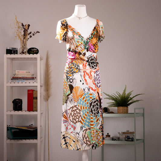 Archival Blumarine SS 2004 Jeweled Print Dress Anna Molinari Turquoise Crystal Cabochon 100% Rayon Jersey Trompe l’Oeil Boho Midi Grails S-L