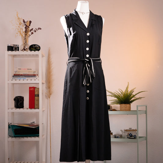 Archival KL by Karl Lagerfeld Trench Dress 1990s Minimalist Sleeveless Viscose Silk Utility Safari Maxi Contrast Buttons Designer Grails S-L