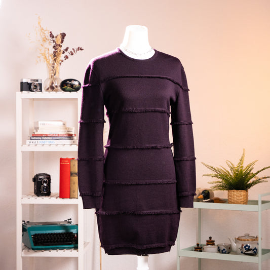 Archival Gianni Versace F/W 1993 Grunge Couture Era Boiled Wool Knit Mini Dress – deep aubergine purple fine knit with horizontal fringe trim bands across the body and sleeves, crew neckline, long sleeves, body-con mini length, product shot on dress form