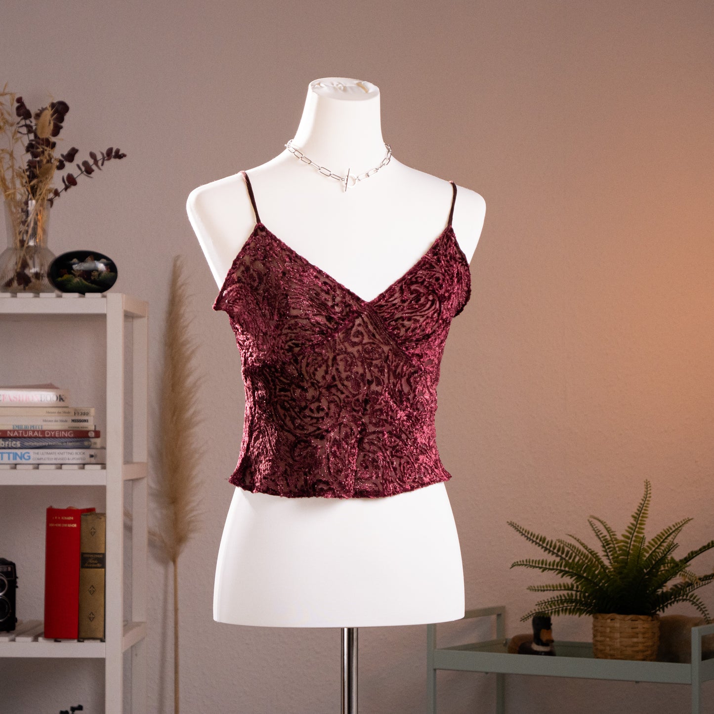 Front view of an archival Lolita Lempicka Paris burgundy devore burnout velvet camisole top displayed on a white mannequin, showcasing the V-neckline and Whimsigoth aesthetic from the late 1990s.