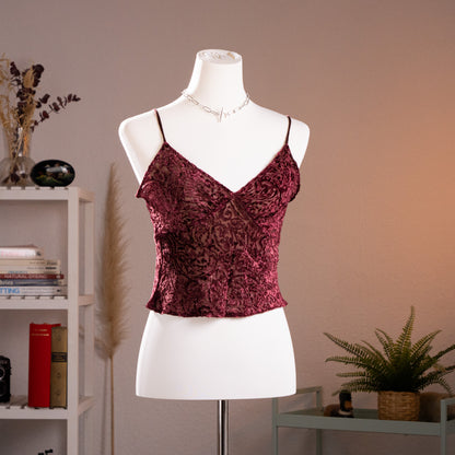 Front view of an archival Lolita Lempicka Paris burgundy devore burnout velvet camisole top displayed on a white mannequin, showcasing the V-neckline and Whimsigoth aesthetic from the late 1990s.