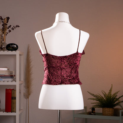 Rear profile view of the vintage Lolita Lempicka burgundy burnout velvet top on a mannequin, showing the low-slung horizontal neckline architecture and parallel micro-fine spaghetti straps.