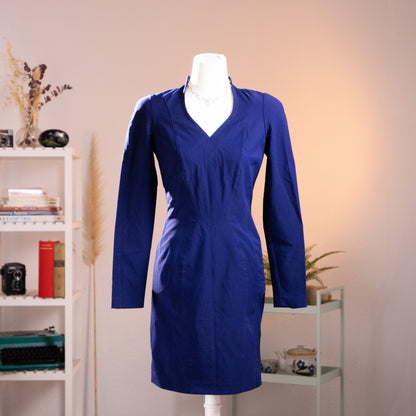 Archival Thierry Mugler ACTIV Royal Blue Techno-Stretch Dress 1990 Hourglass Body-Sculpting Silhouette Padded Shoulders Time Srl NOS Deadstock S XS
