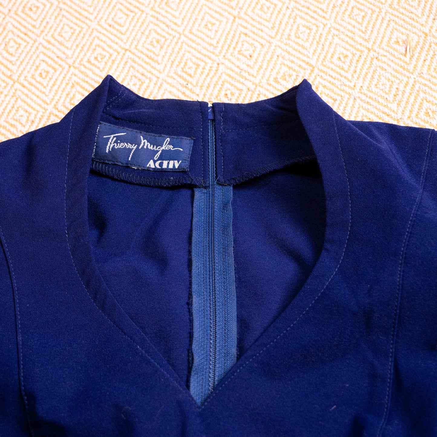 Archival Thierry Mugler ACTIV Royal Blue Techno-Stretch Dress 1990 Hourglass Body-Sculpting Silhouette Padded Shoulders Time Srl NOS Deadstock S XS