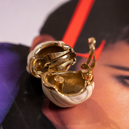 Archival Nina Ricci 1-of-1 Unfilled Factory Error Enamel Earrings Circa 1980s 22kt Gold Plated Gadroon Swirl Dome Clip-ons Unique