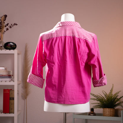 Rear view of vintage late 1980s Lanvin cropped blouse highlighting the horizontal candy-stripe back yoke and detailed fabric gathers.