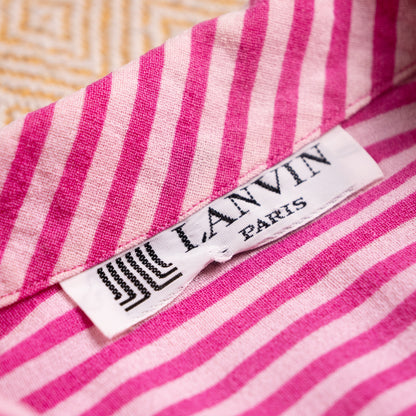 Close-up of authentic vintage mid-to-late 1980s Lanvin Paris woven neck label with geometric JL monogram on candy-stripe backing.