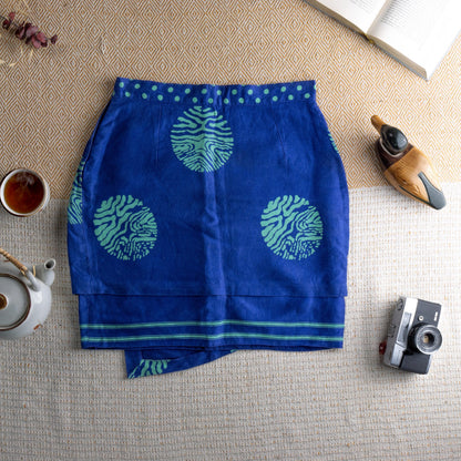Vintage Versus Versace 90s Linen Skirt | Royal Blue & Green Pattern | Polka Dot Waist | High End Italian Summer | Size IT 44 Fits M / EU 38