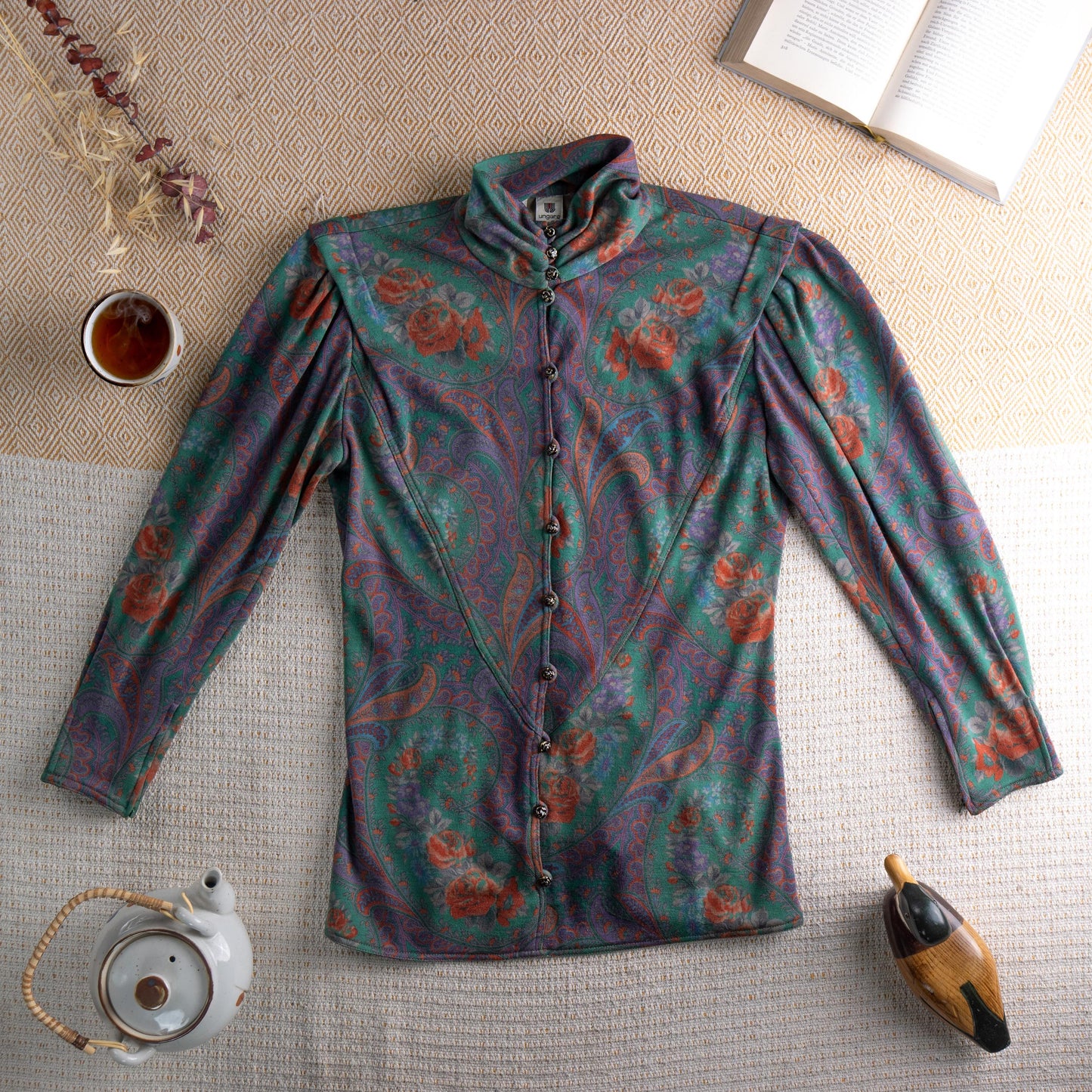 Vintage UNGARO PARALLÈLE Paris 80s Skirt Suit | Emerald Green Paisley Jersey Set | High Neck Blouse & Pencil Skirt | Made in Italy | Size S