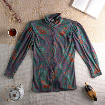 Vintage UNGARO PARALLÈLE Paris 80s Skirt Suit | Emerald Green Paisley Jersey Set | High Neck Blouse & Pencil Skirt | Made in Italy | Size S