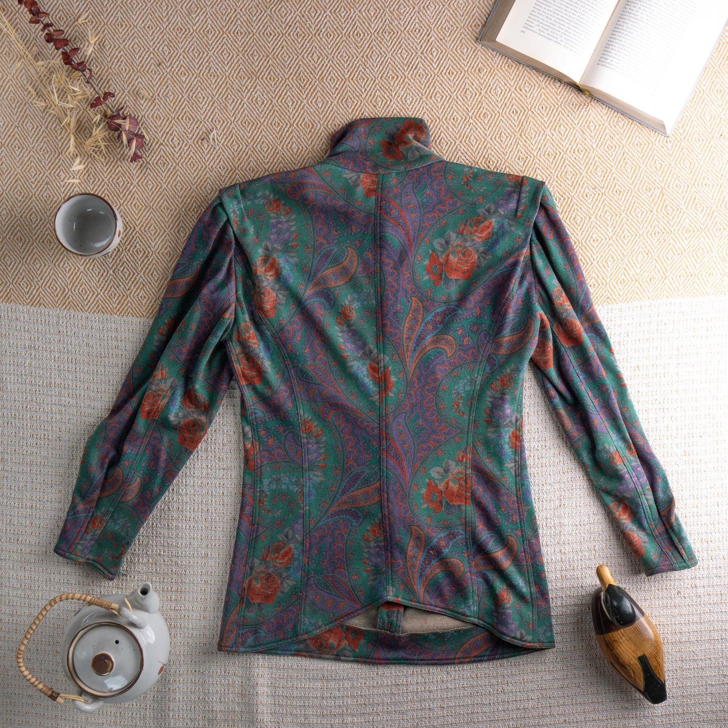 Vintage UNGARO PARALLÈLE Paris 80s Skirt Suit | Emerald Green Paisley Jersey Set | High Neck Blouse & Pencil Skirt | Made in Italy | Size S