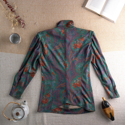 Vintage UNGARO PARALLÈLE Paris 80s Skirt Suit | Emerald Green Paisley Jersey Set | High Neck Blouse & Pencil Skirt | Made in Italy | Size S