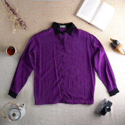 Vintage GIANNI VERSACE 80s Purple Silk Shirt | Unisex Blouson Fit | Black Collar | New Wave Aesthetic | Made in Italy | Boxy size M/L