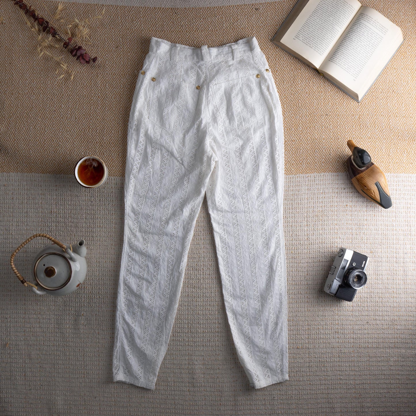Vintage VERSUS VERSACE 90s White Eyelet Lace Trousers | Gold Lion Buttons | Broderie Anglaise | High Waisted Summer Pants | Size XXS (24")
