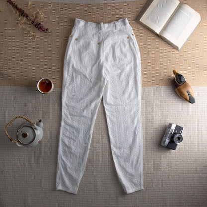 Vintage VERSUS VERSACE 90s White Eyelet Lace Trousers | Gold Lion Buttons | Broderie Anglaise | High Waisted Summer Pants | Size XXS (24")