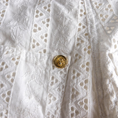 Vintage VERSUS VERSACE 90s White Eyelet Lace Trousers | Gold Lion Buttons | Broderie Anglaise | High Waisted Summer Pants | Size XXS (24")