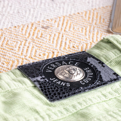 Vintage Versace Jeans Couture Lime Green Trousers | Textured Cotton | 90s Mom Fit | Silver Medusa | Size W30 (Fits EU 38) | High waisted