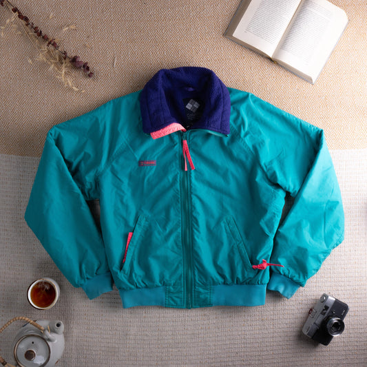 Vintage COLUMBIA Bomber Jacket 80s 90s Teal Purple Pink Gorpcore Radial Sleeve Fleece Lined Ski Coat Retro Streetwear Men Medium Fits Small