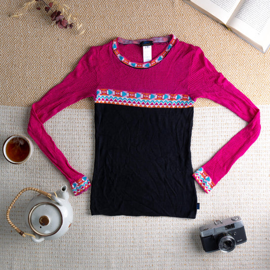 Christian Lacroix Jeans Vintage Mesh Knit Top Sheer Fuchsia Pink Black Colorblock 90s Made in France Geometric Pattern Sweater Size S