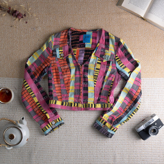 Christian Lacroix Jeans Vintage Jacket 90s Rare Cropped Colorful Striped Spellout Logo Jacquard Pink Yellow Maximalist Size XS 34