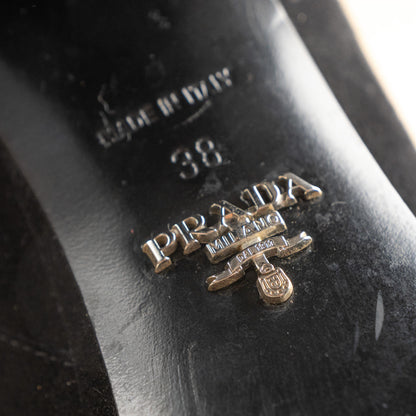 Prada Milano Archival Boots Metal Logo Sole Black Suede Block Heel 90s Vintage Authentic Luxury Made in Italy Size EU 38 UK 5