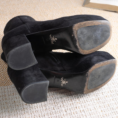 Prada Milano Archival Boots Metal Logo Sole Black Suede Block Heel 90s Vintage Authentic Luxury Made in Italy Size EU 38 UK 5