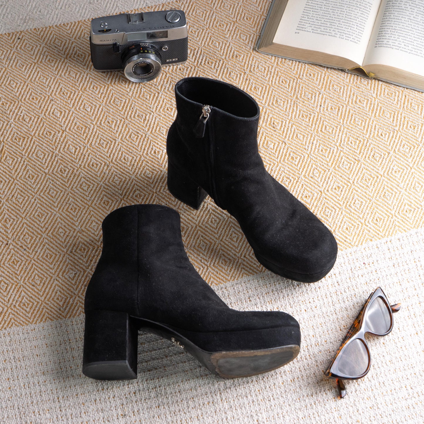 Prada Milano Archival Boots Metal Logo Sole Black Suede Block Heel 90s Vintage Authentic Luxury Made in Italy Size EU 38 UK 5