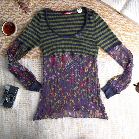 Miss Sixty Vintage Archival Top Silk & Mohair Blend Y2K Fairycore Grunge Floral Mesh Striped Sweater Jumper 90s Whimsigoth Size L (Fits S M)