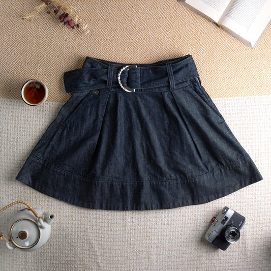 Miss Sixty Vintage Denim Skirt Dark Wash Pleated Skater Schoolgirl Y2K 90s Metal Logo Buckle Preppy Grunge Jeans Skirt Size M