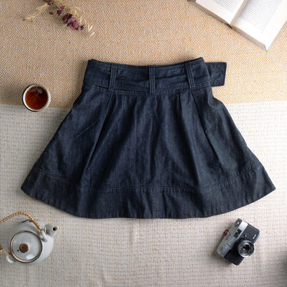 Miss Sixty Vintage Denim Skirt Dark Wash Pleated Skater Schoolgirl Y2K 90s Metal Logo Buckle Preppy Grunge Jeans Skirt Size M