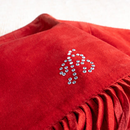Vintage BLUMARINE Folies Red Suede Fringe Skirt | Rhinestone Logo | Y2K Western Glam | Genuine Leather | IT 42 (XS/S) | 90s archival
