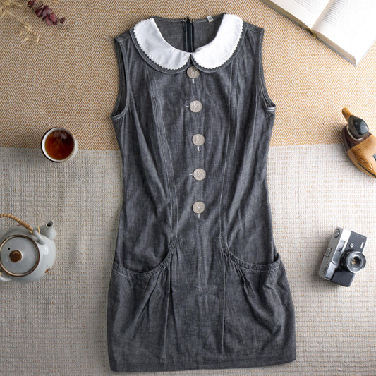 Vintage FENDISSIME Fendi Gray Denim Dress | Peter Pan Collar | Rare 10 Lire Coin Buttons | 90s Schoolgirl | Made in Italy | Size S (EU 36)