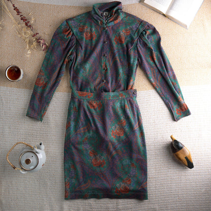 Vintage UNGARO PARALLÈLE Paris 80s Skirt Suit | Emerald Green Paisley Jersey Set | High Neck Blouse & Pencil Skirt | Made in Italy | Size S