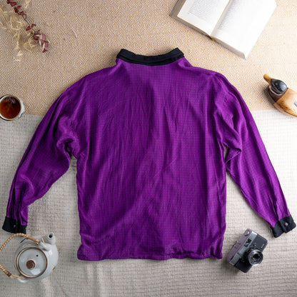 Vintage GIANNI VERSACE 80s Purple Silk Shirt | Unisex Blouson Fit | Black Collar | New Wave Aesthetic | Made in Italy | Boxy size M/L