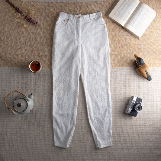 Vintage VERSUS VERSACE 90s White Eyelet Lace Trousers | Gold Lion Buttons | Broderie Anglaise | High Waisted Summer Pants | Size XXS (24")