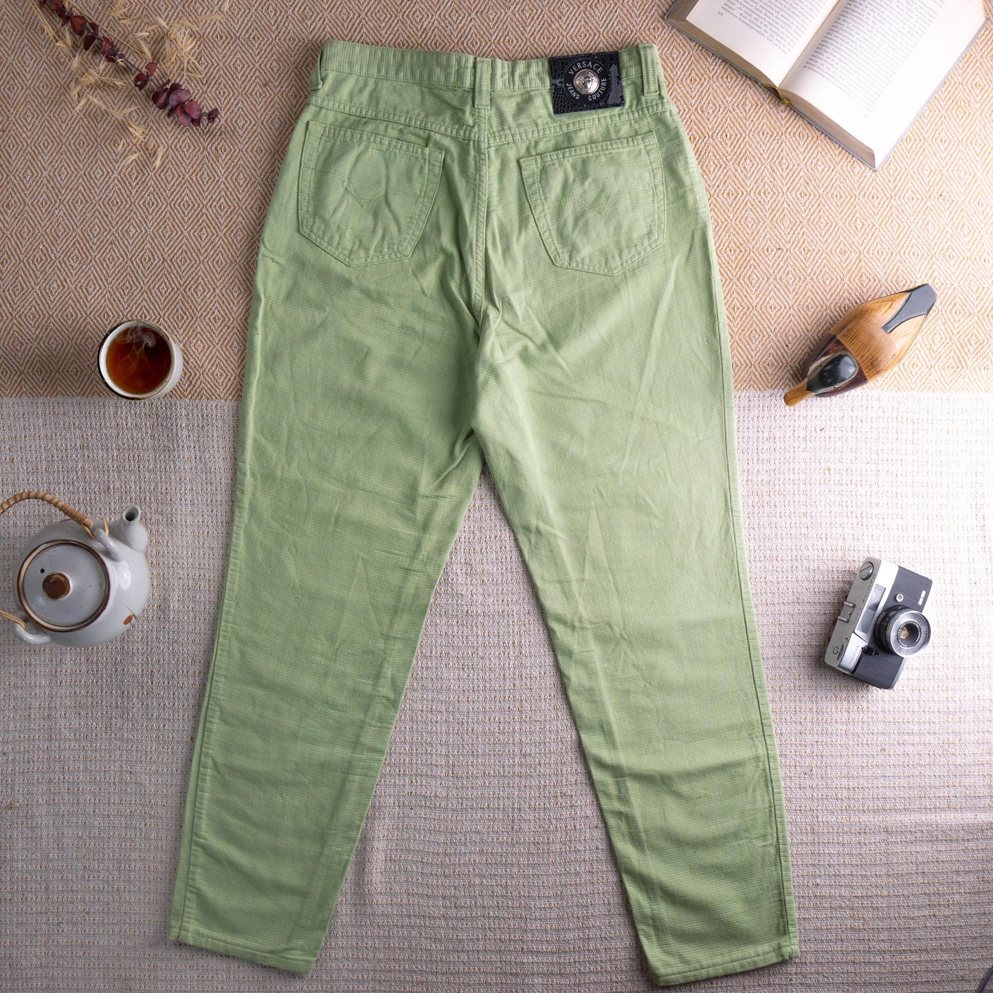 Vintage Versace Jeans Couture Lime Green Trousers | Textured Cotton | 90s Mom Fit | Silver Medusa | Size W30 (Fits EU 38) | High waisted
