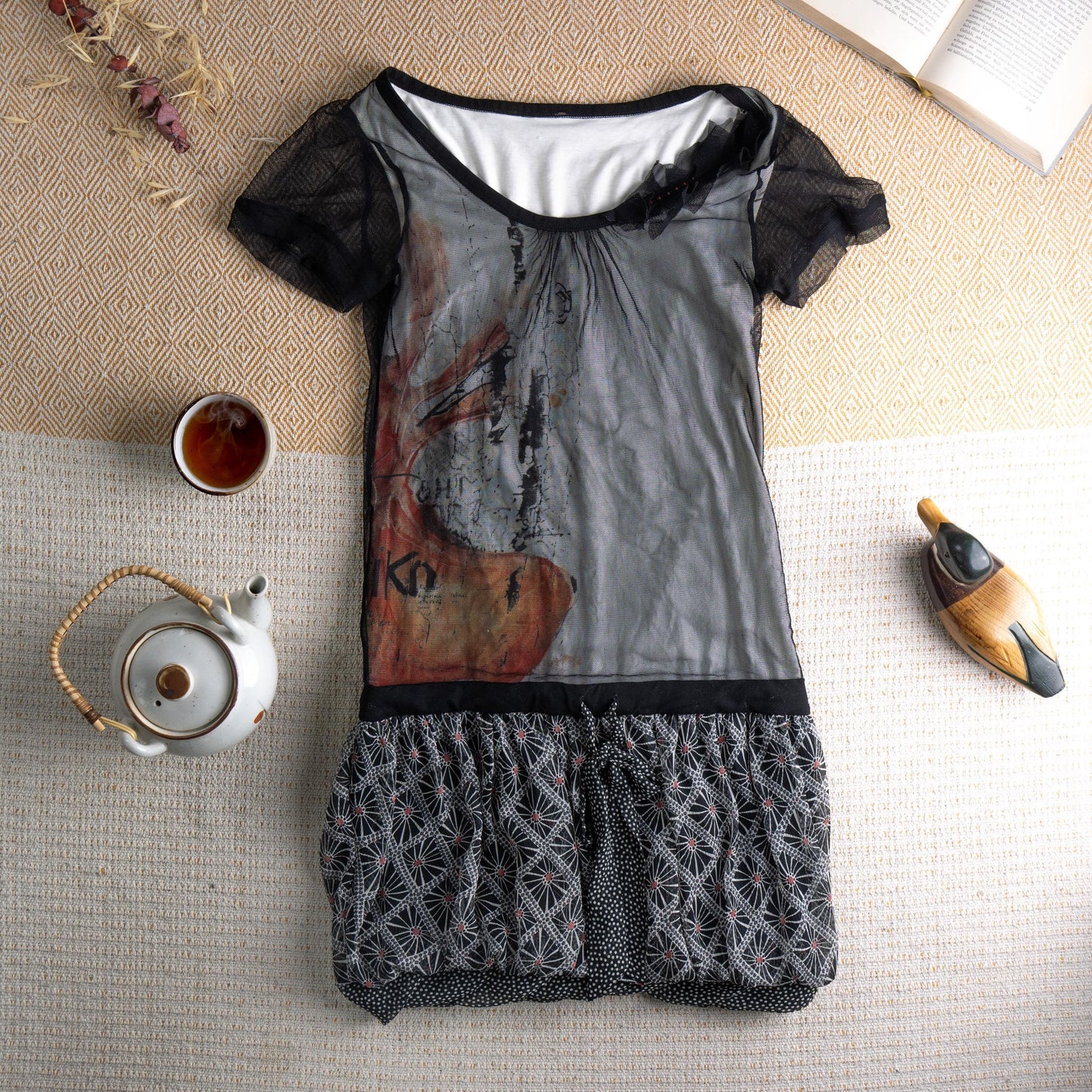 Rare Cop Copine Mesh Dress "Geiko" Y2K Archival Graphic Face Print Tulle 90s Vintage Designer Mini Dress XS S Authentic