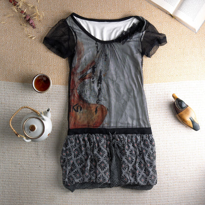 Rare Cop Copine Mesh Dress "Geiko" Y2K Archival Graphic Face Print Tulle 90s Vintage Designer Mini Dress XS S Authentic