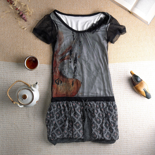 Rare Cop Copine Mesh Dress "Geiko" Y2K Archival Graphic Face Print Tulle 90s Vintage Designer Mini Dress XS S Authentic