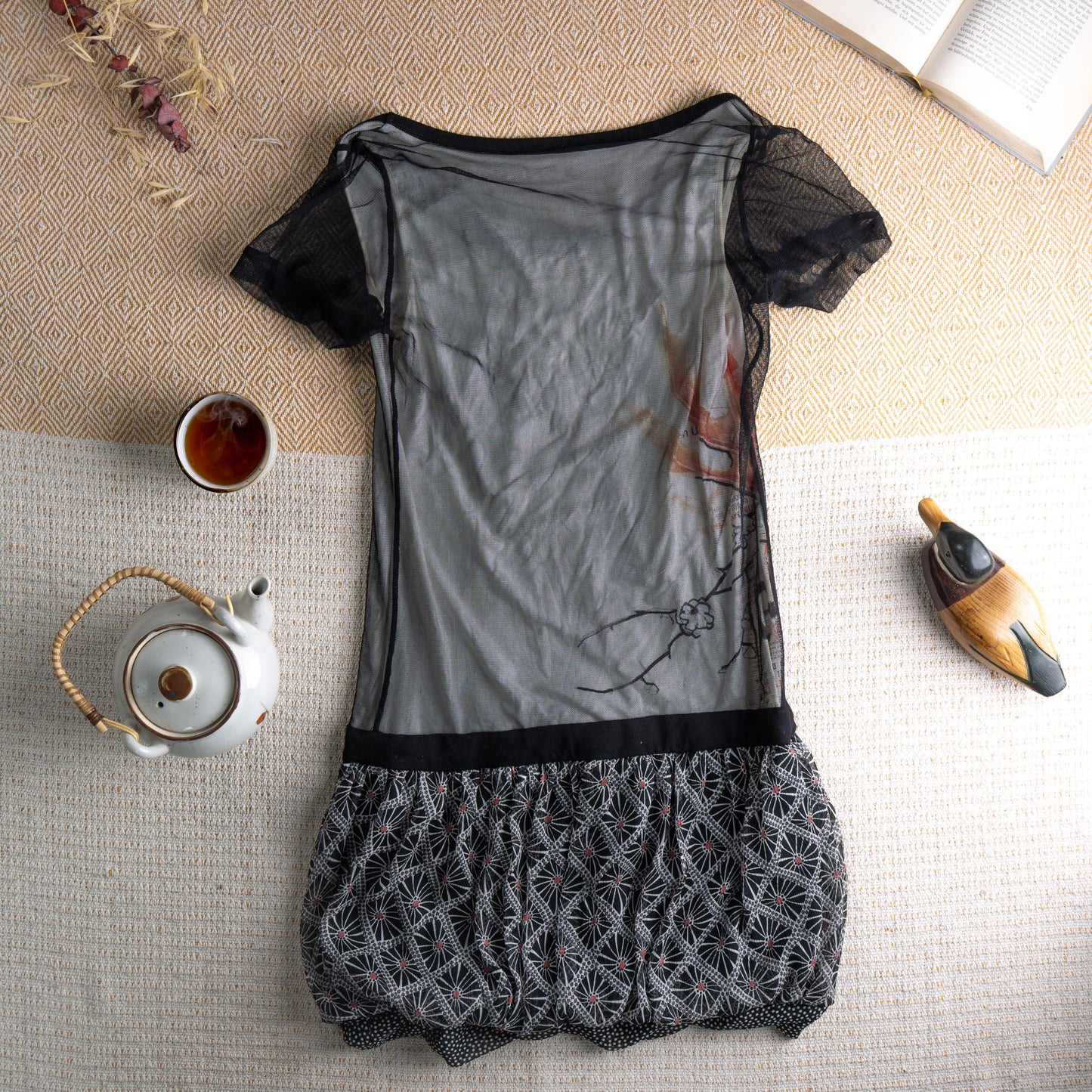 Rare Cop Copine Mesh Dress "Geiko" Y2K Archival Graphic Face Print Tulle 90s Vintage Designer Mini Dress XS S Authentic
