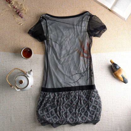 Rare Cop Copine Mesh Dress "Geiko" Y2K Archival Graphic Face Print Tulle 90s Vintage Designer Mini Dress XS S Authentic