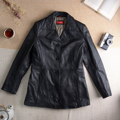 Deadstock Vintage Leather Blazer XX by Mexx 90s Black Leather Jacket Longline Quilted Lining Minimalist Matrix Style Y2K M