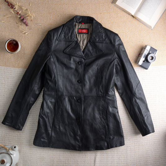 Deadstock Vintage Leather Blazer XX by Mexx 90s Black Leather Jacket Longline Quilted Lining Minimalist Matrix Style Y2K M