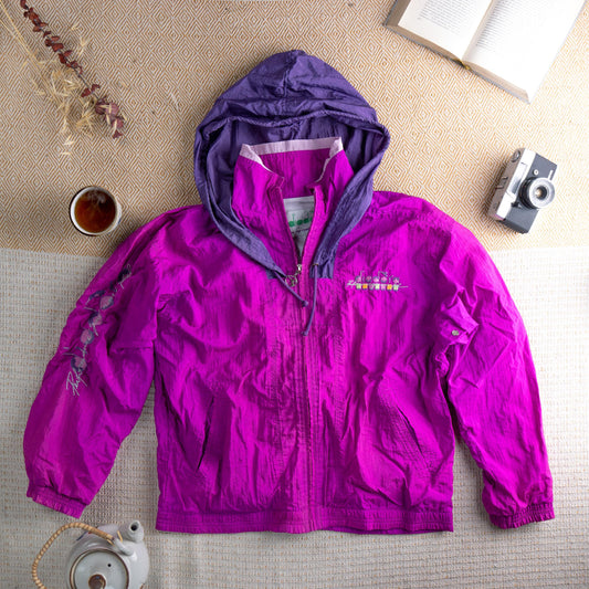VINTAGE Diadora PERFORMANCE Pink Track Jacket 90s Colorblock Windbreaker Hooded Sportswear Oversized Magenta Purple Shell Suit Medium