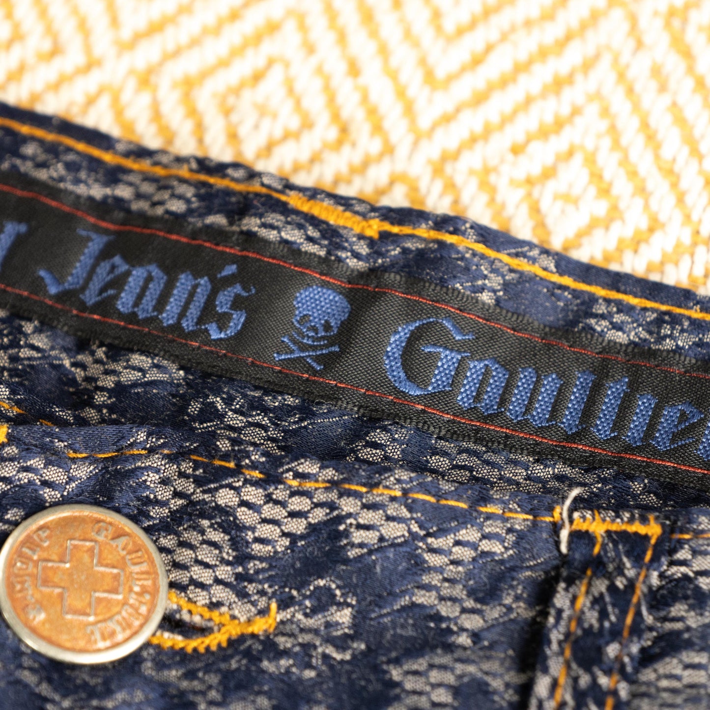 Jean Paul Gaultier Archival Jeans 1996 Flocked Lace Denim Velvet Trompe L'oeil Holy Grail Vintage 90s Museum Quality Size 26 27 XS